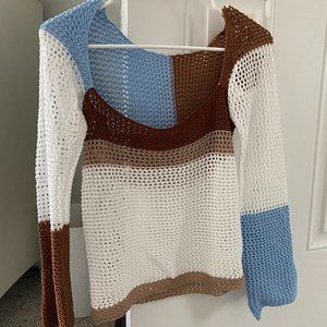 White, Blue and Brown Crochet Square-Neck Sweater